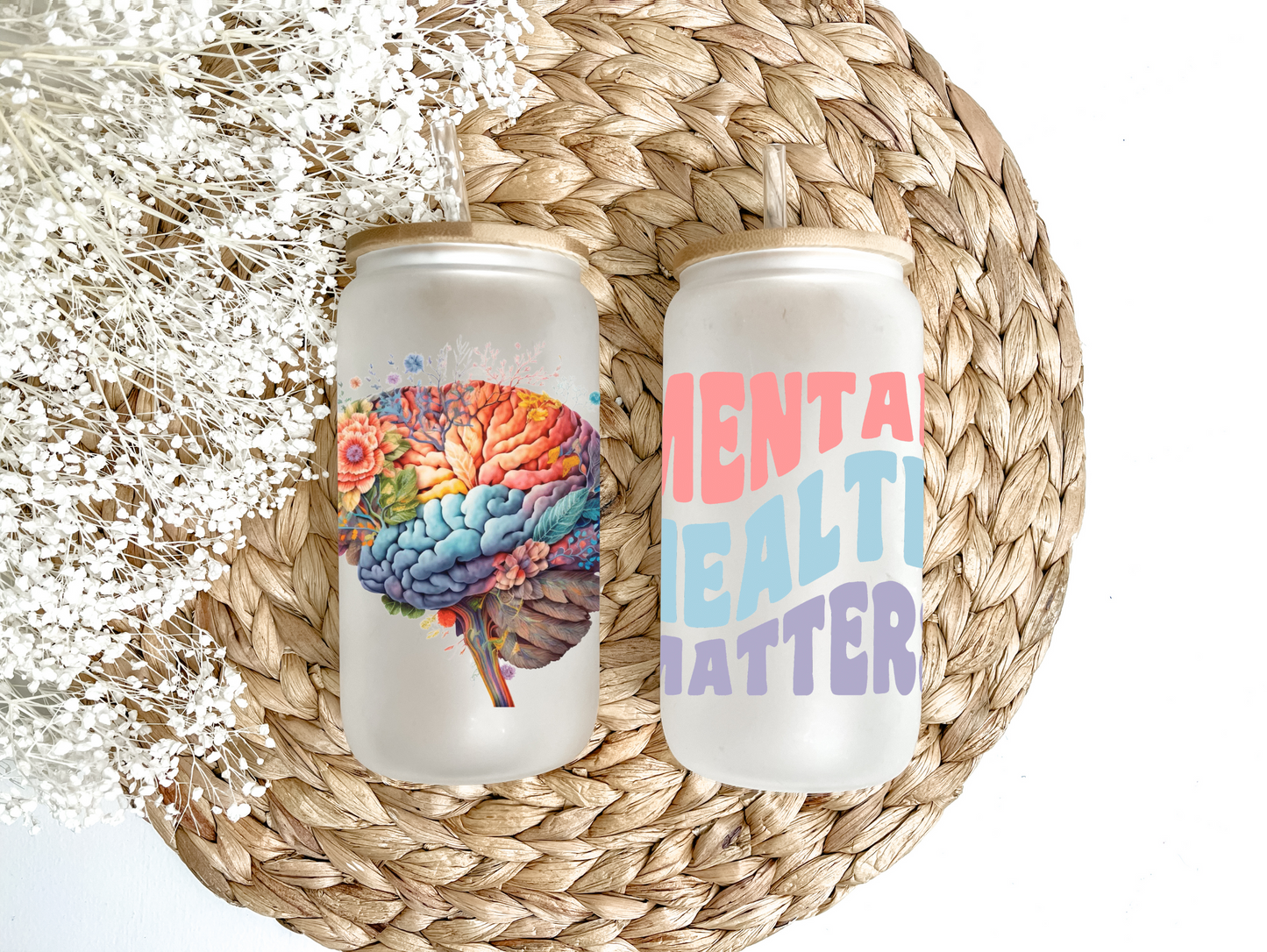 Mental Health Matters Floral Brain Glass Can Tumbler