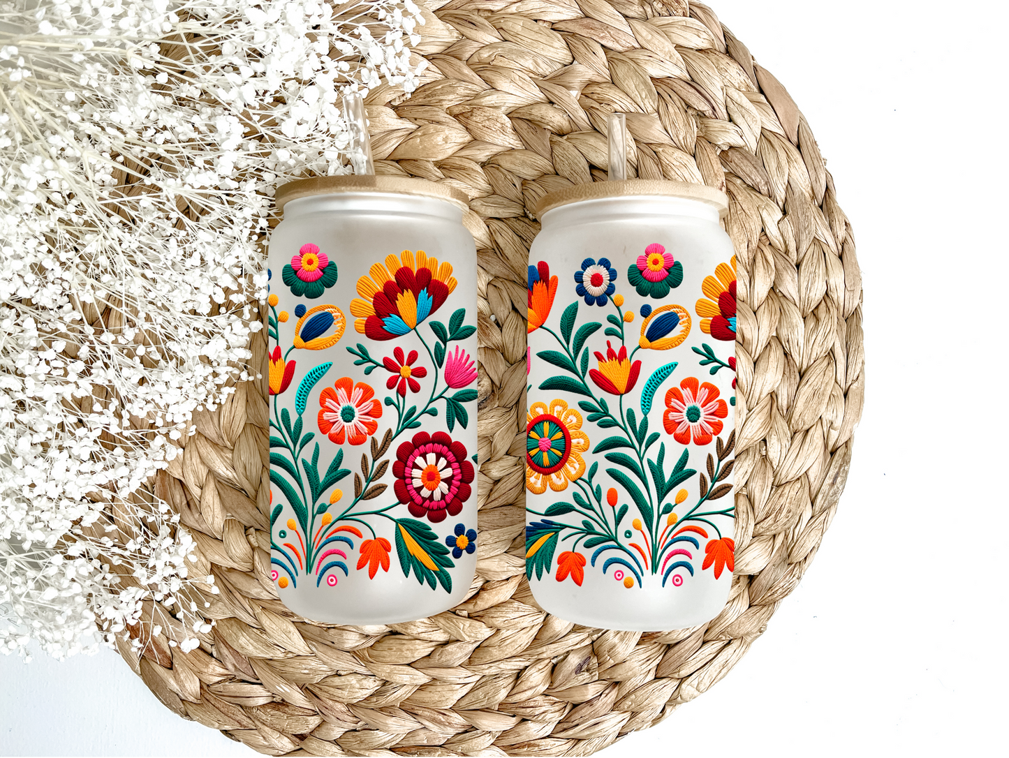 Embroidered Flower Fields Glass Can Tumbler