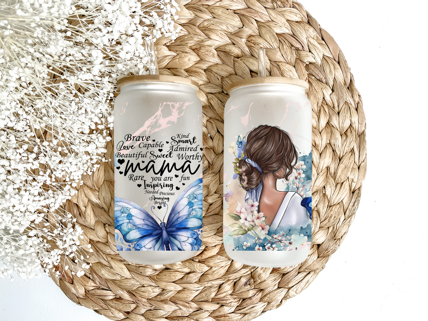 Blue Mama Butterflies Glass Can Tumbler