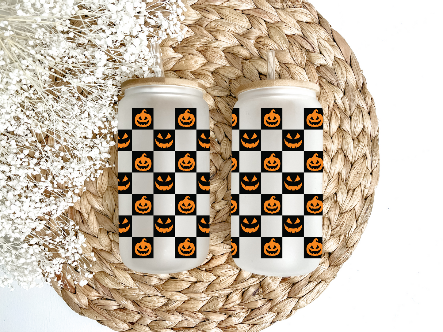 Retro Checkered Pumpkins Glass Can Tumbler