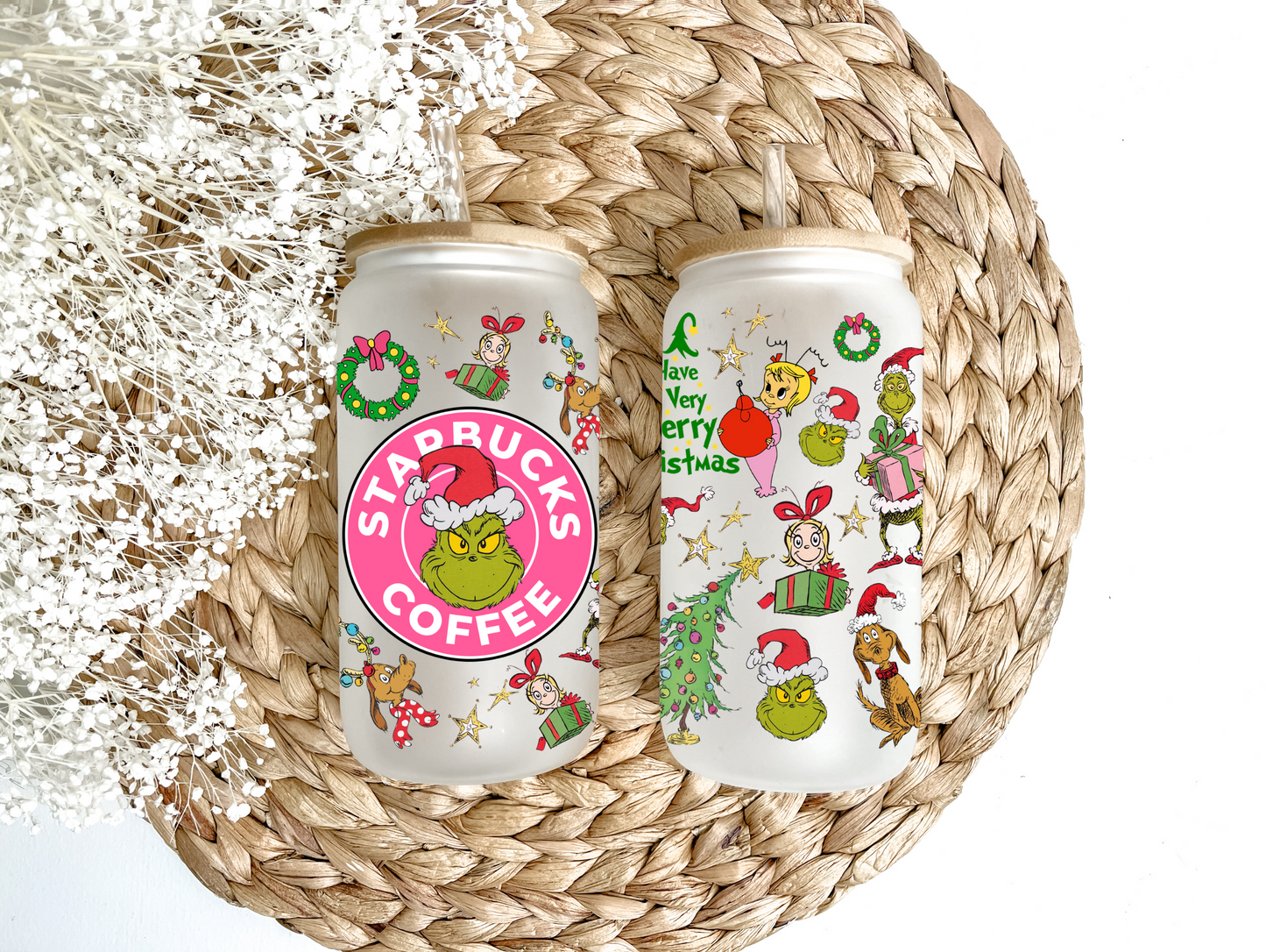 Pink Grinchy Blend Glass Can Tumbler