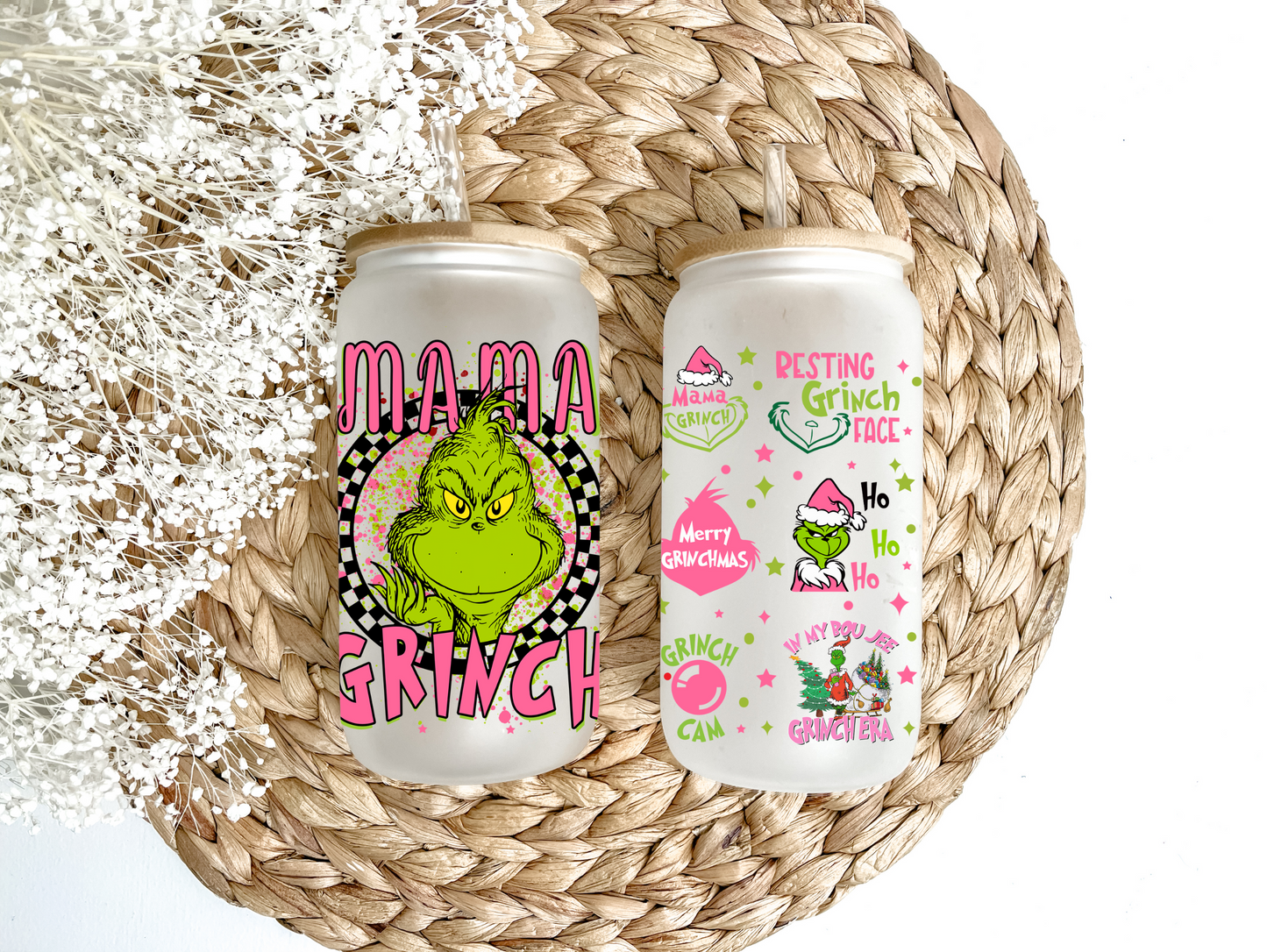 Checkered Mama Grinch Glass Can Tumbler