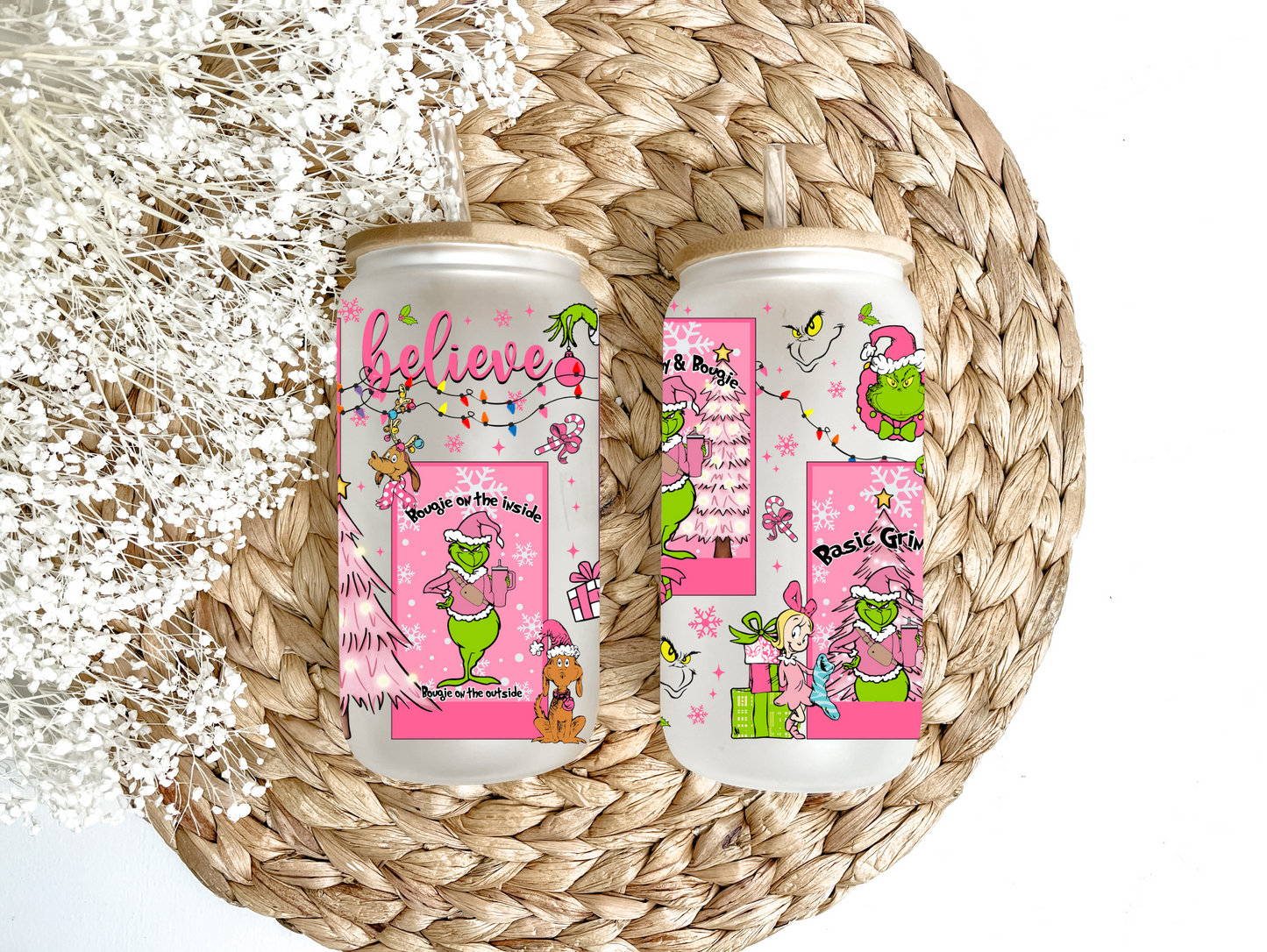 Pink Grinchy Cards Glass Can Tumbler