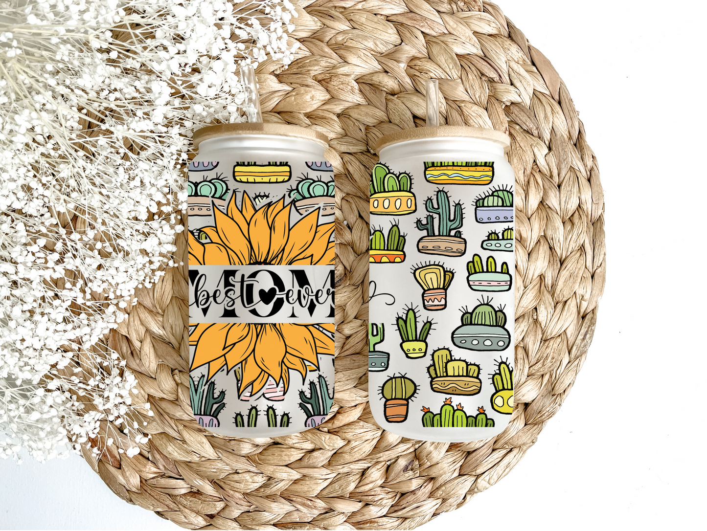 Sunflower & Cactus Mom Glass Can Tumbler