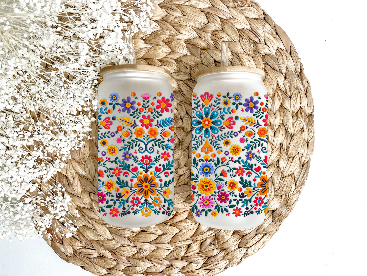 Embroidery Flowers Glass Can Tumbler