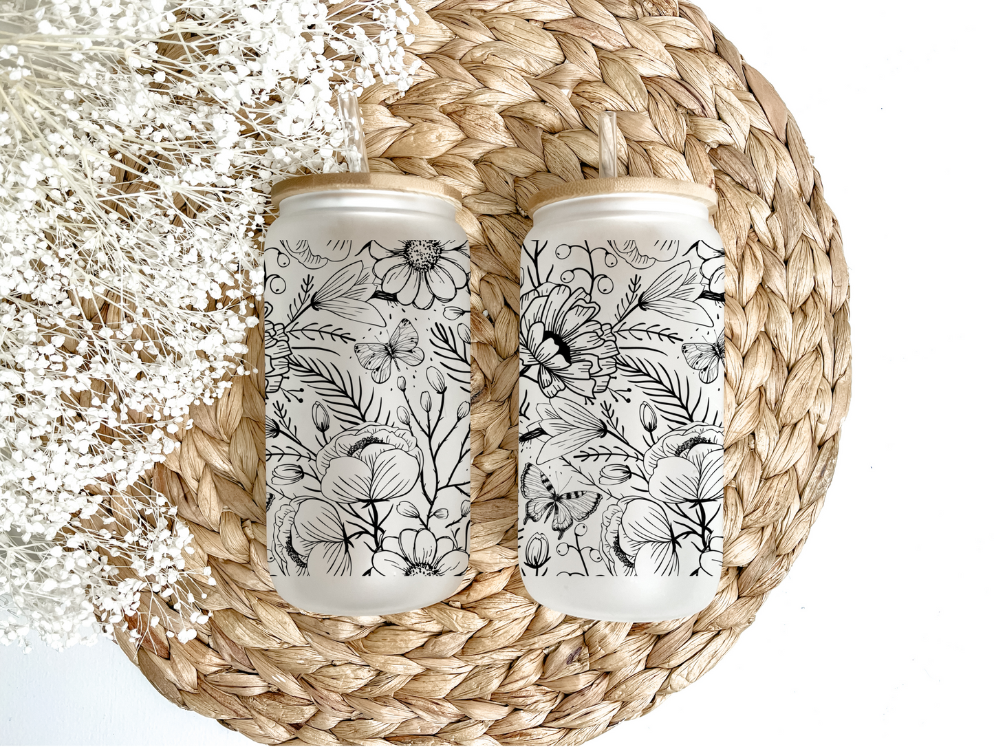 Black Floral Print Glass Can Tumbler