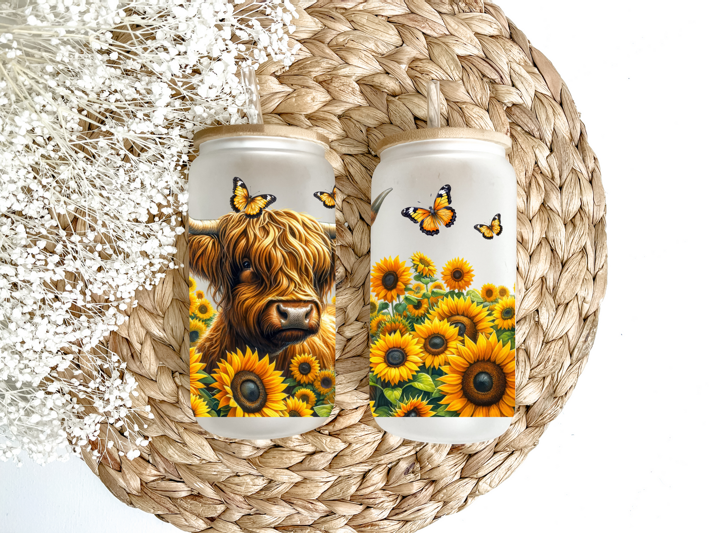 Highland Cow & Sunflower Fields Glass Can Tumbler