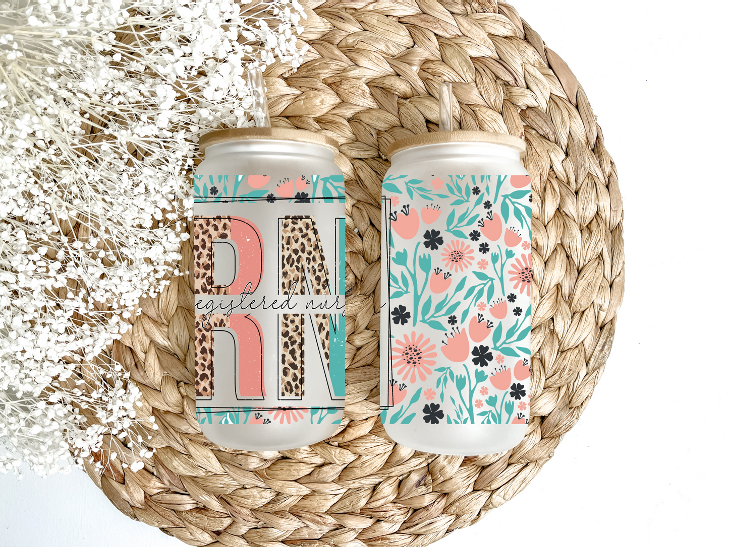 "Floral RN Registered Nurse" Glass Can Tumbler