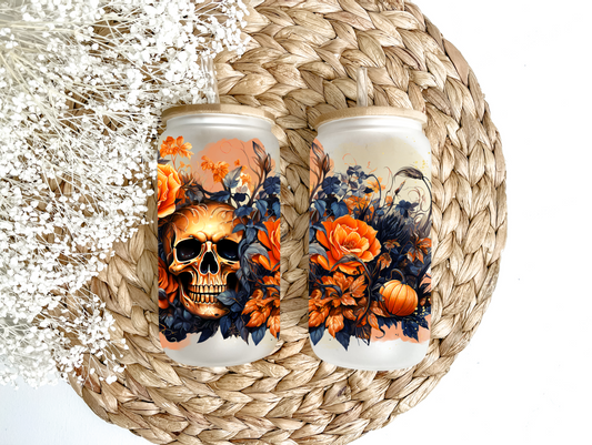 "Flowers, Skulls & Pumpkins" Glass Can Tumbler