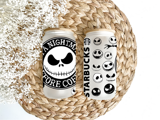 "A Nightmare Before Coffee" Glass Can Tumbler
