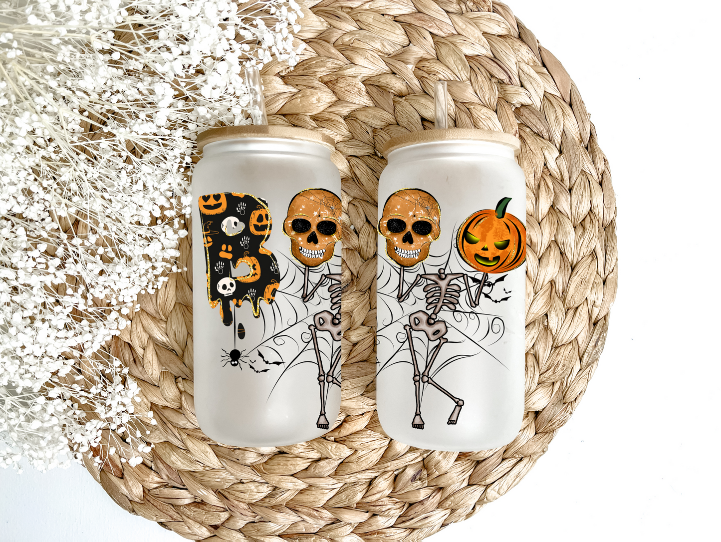 "Boo, Skeleton & Pumpkin" Glass Can Tumbler