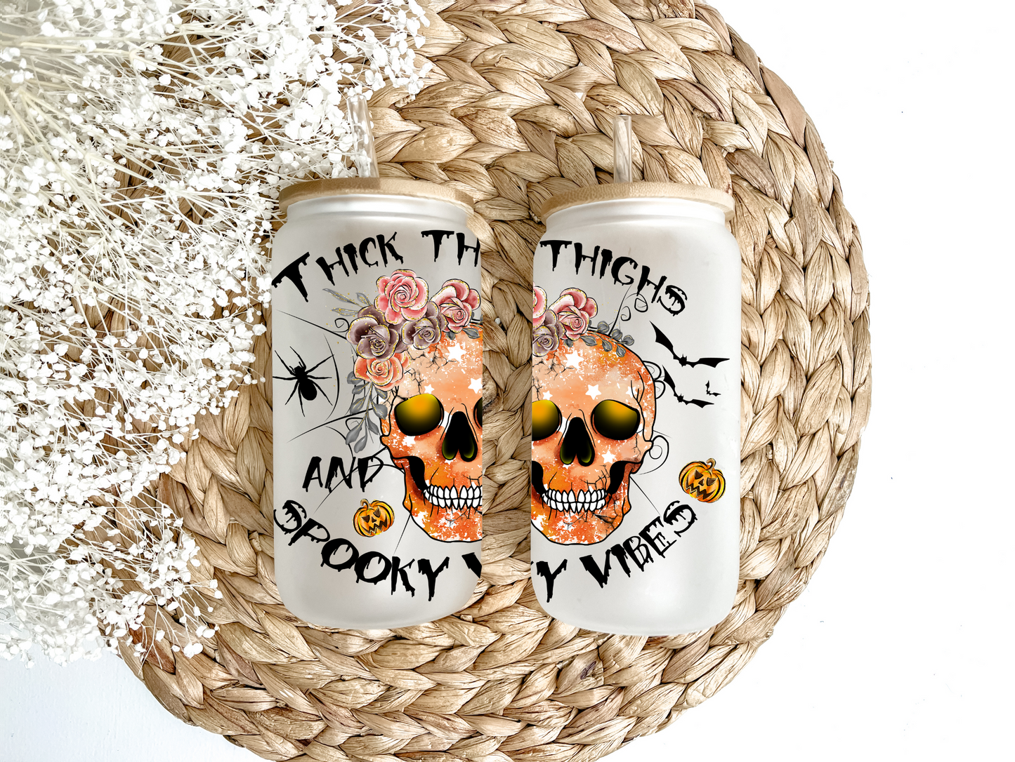 "Thick Thighs & Spooky Vibes" Glass Can Tumbler