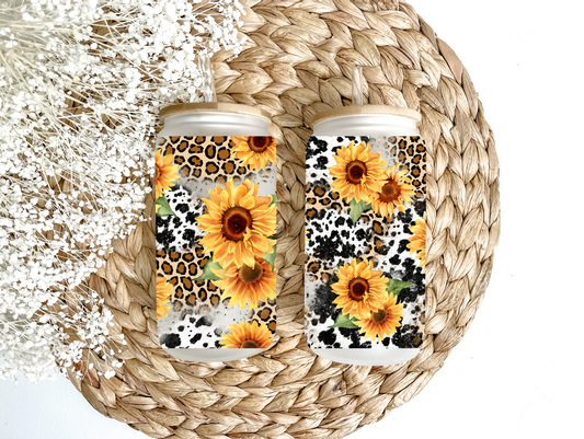 "Western Leopard & Sunflowers" Glass Can Tumbler