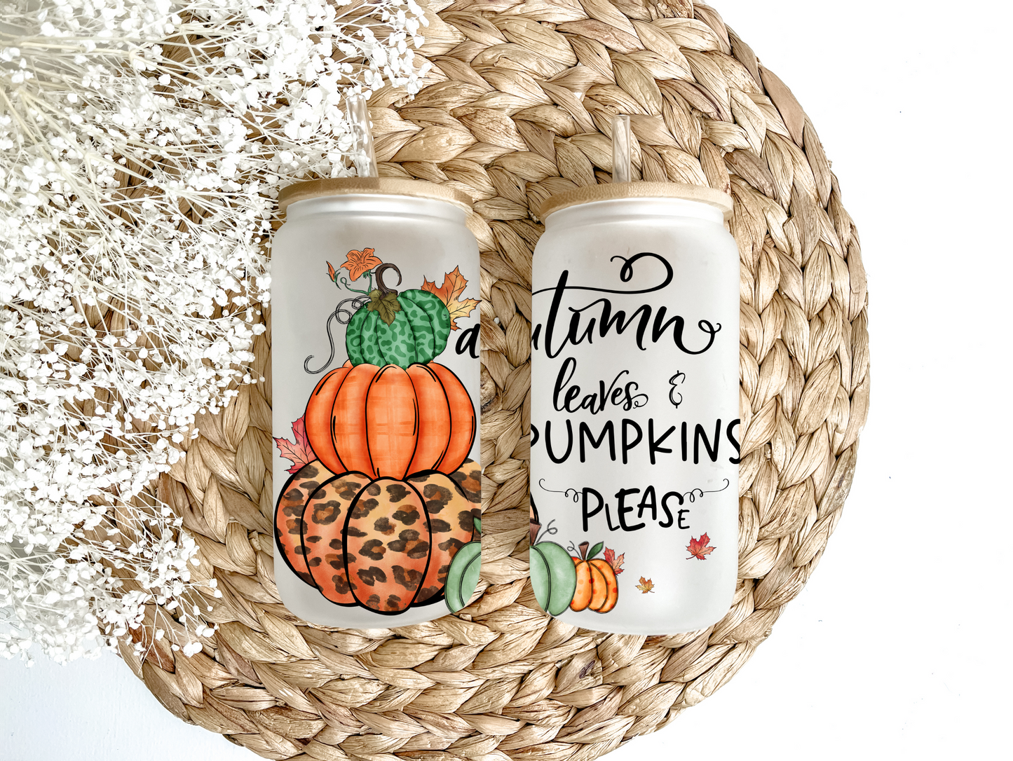 "Autumn, Leaves & Pumpkins Please" Glass Can Tumbler