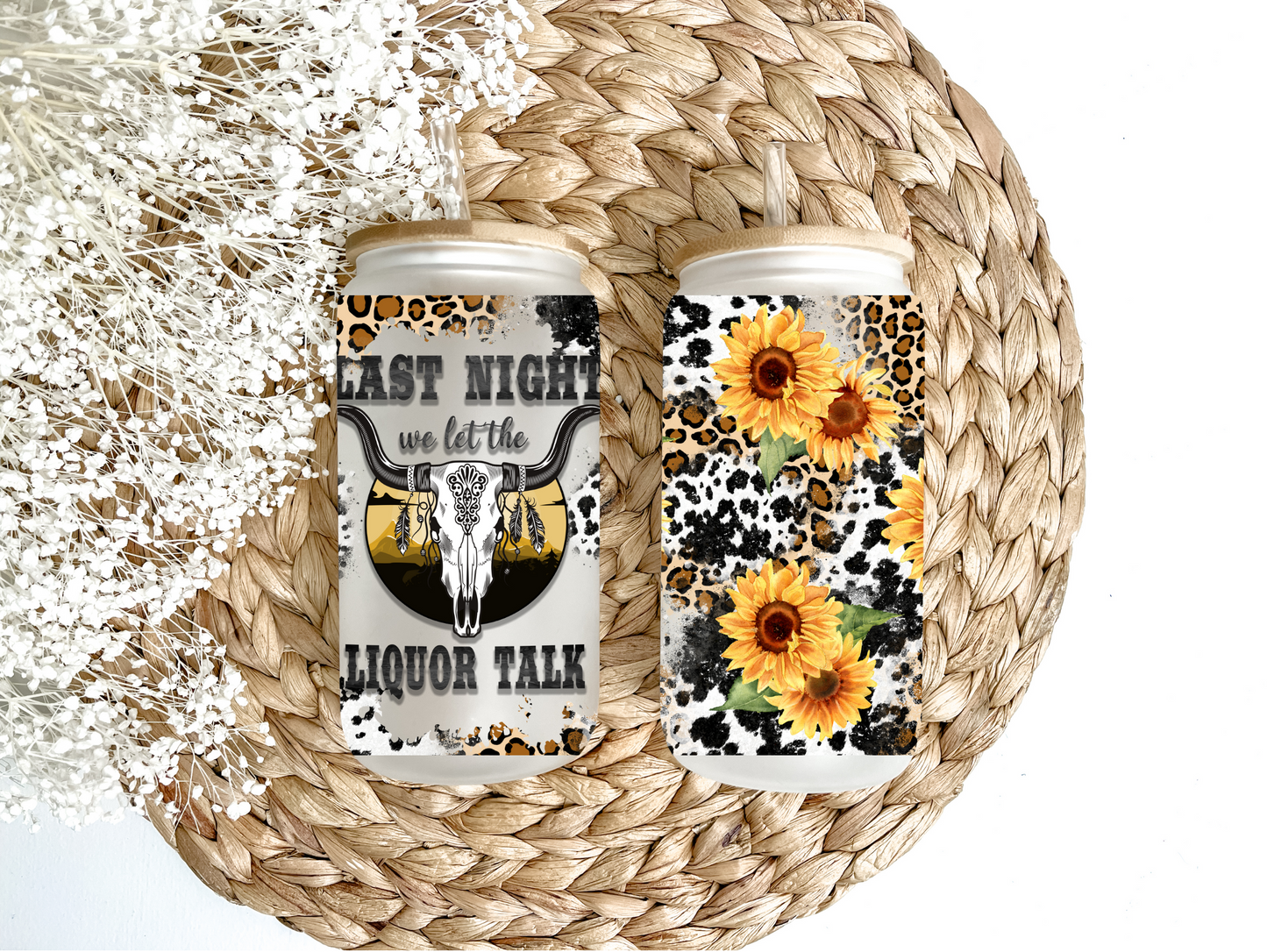 "Western Leopard, Sunflowers & Silly Decisions" Glass Can Tumbler