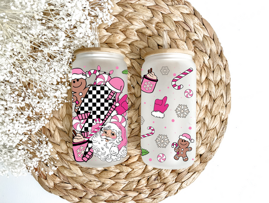 "Retro Pink Christmas" Glass Can Tumbler