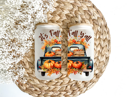 "Its Fall Y'all Vintage Farm Truck" Glass Can Tumbler