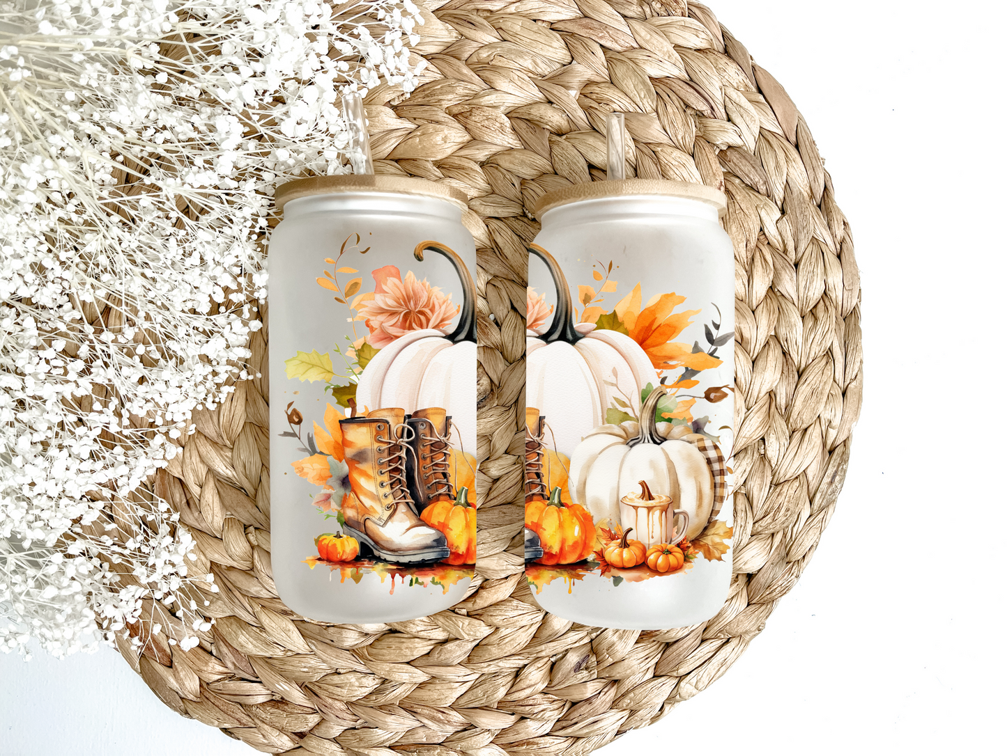 "White Pumpkins & Farm Boots" Glass Can Tumbler