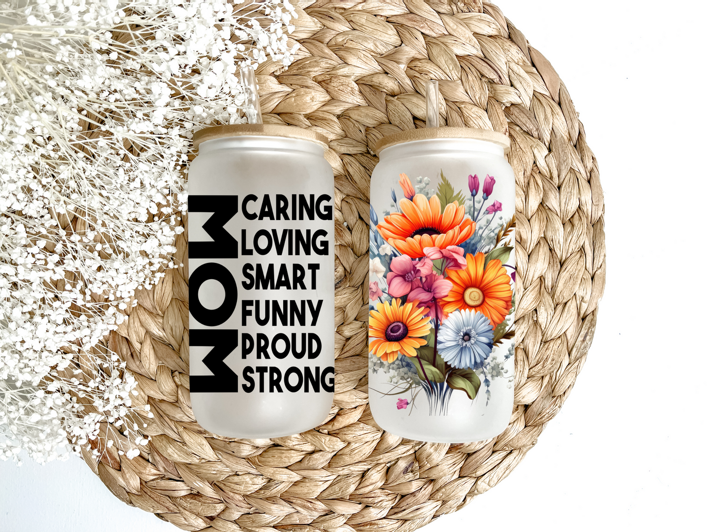 Words To Describe Mom Glass Can Tumbler