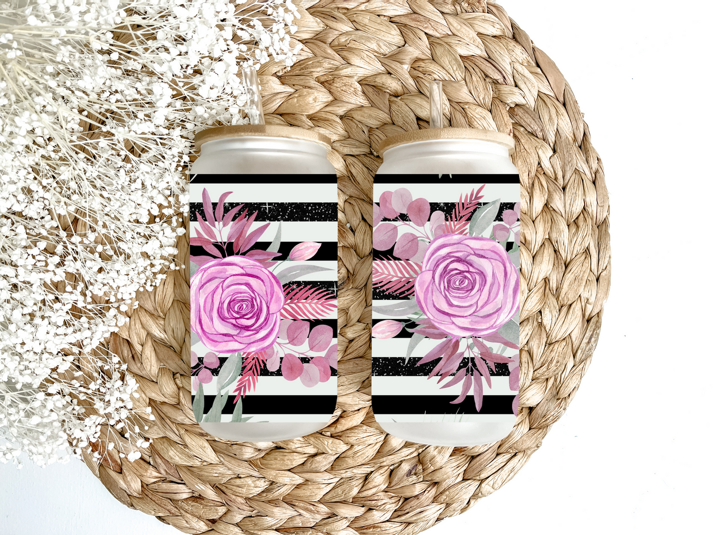 "Shabby Chic Stripes & Roses" Glass Can Tumbler