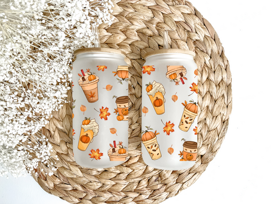 "Pumpkin Lattes & Falling Leaves" Glass Can Tumbler