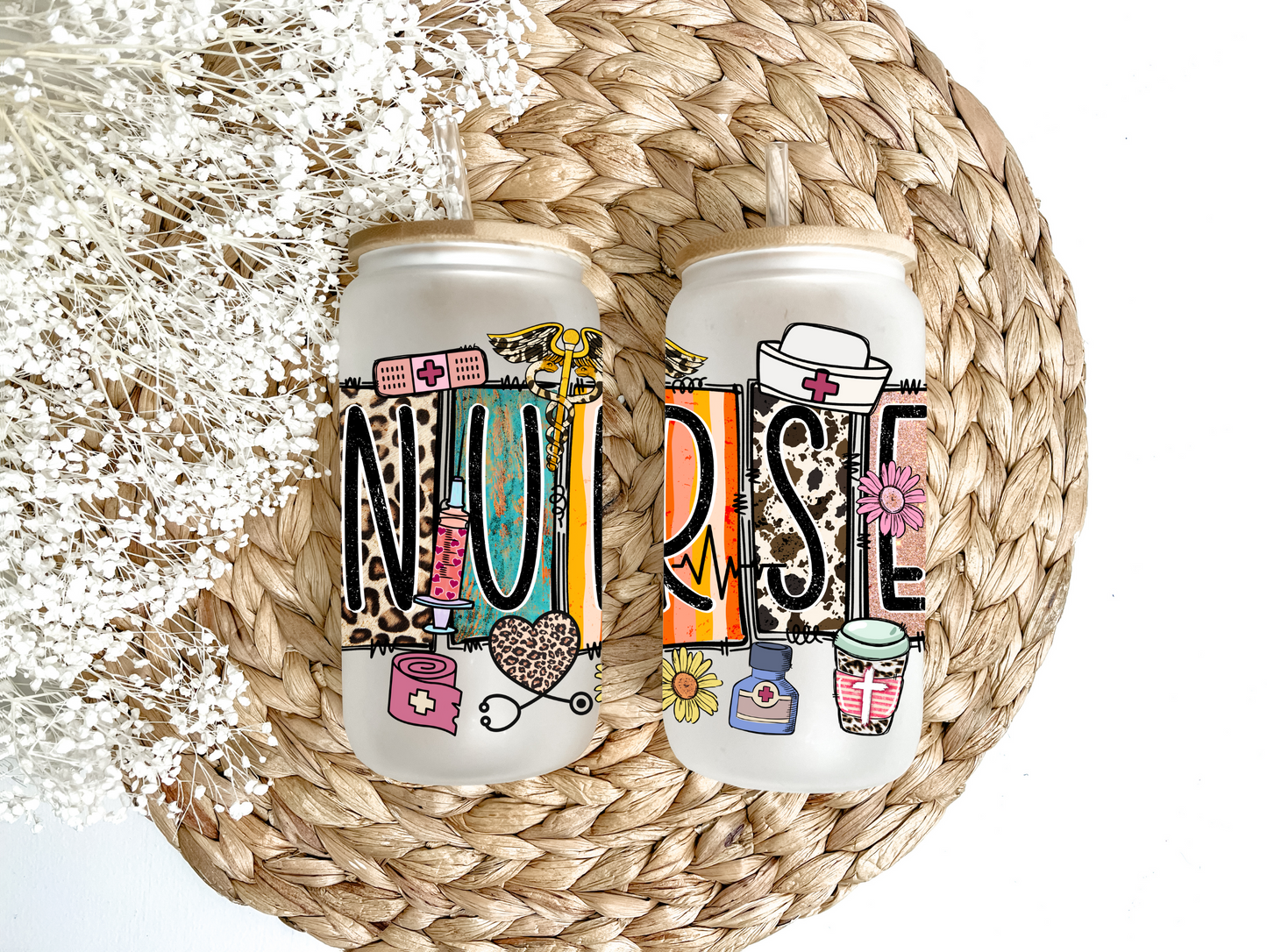 "Nurse Leopard Patchwork" Glass Can Tumbler