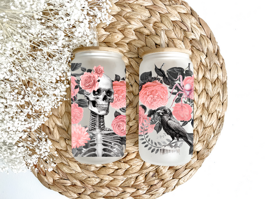 "Shabby Chic Skeleton & Crows" Glass Can Tumbler