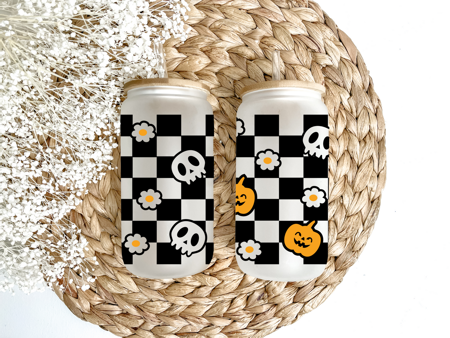 "Halloween Checkerboard" Glass Can Tumbler