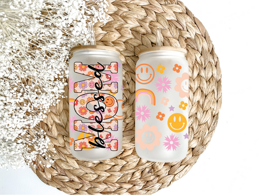 Retro Daisy Blessed Mom Glass Can Tumbler