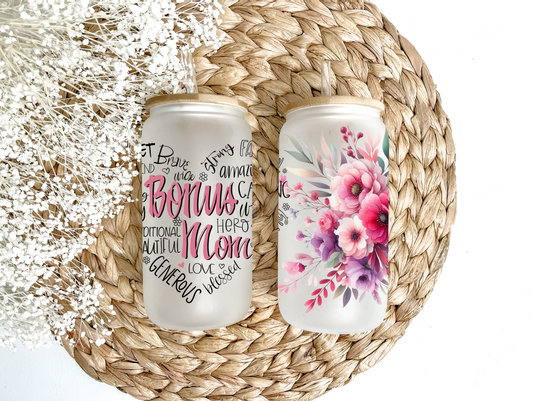 Bonus Mom Heart Glass Can Tumbler