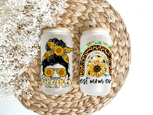 Blessed Mama Sunflower Glass Can Tumbler