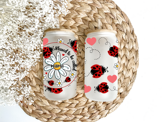 Ladybug & Daisies Glass Can Tumbler