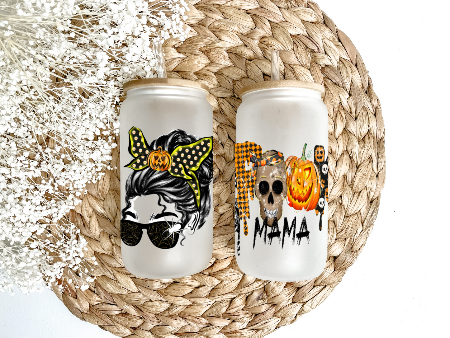 "Spooky Mama Messy Bun" Glass Can Tumbler