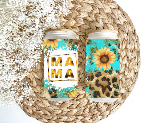 "Turquoise Sunflower Mama" Glass Can Tumbler