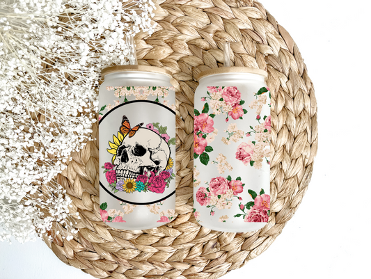 Roses & Skull Glass Can Tumbler