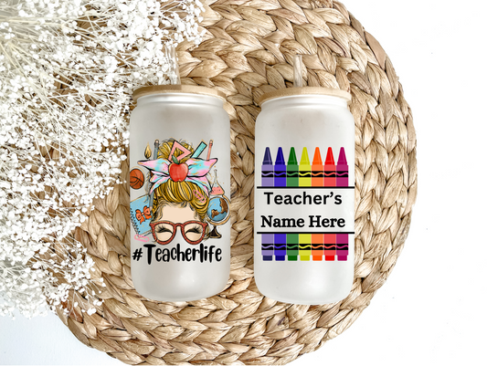 Personalized Teacher's Crayon Box Glass Can Tumbler