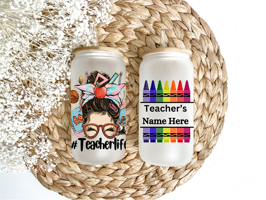 Personalized Teacher's Crayon Box Glass Can Tumbler